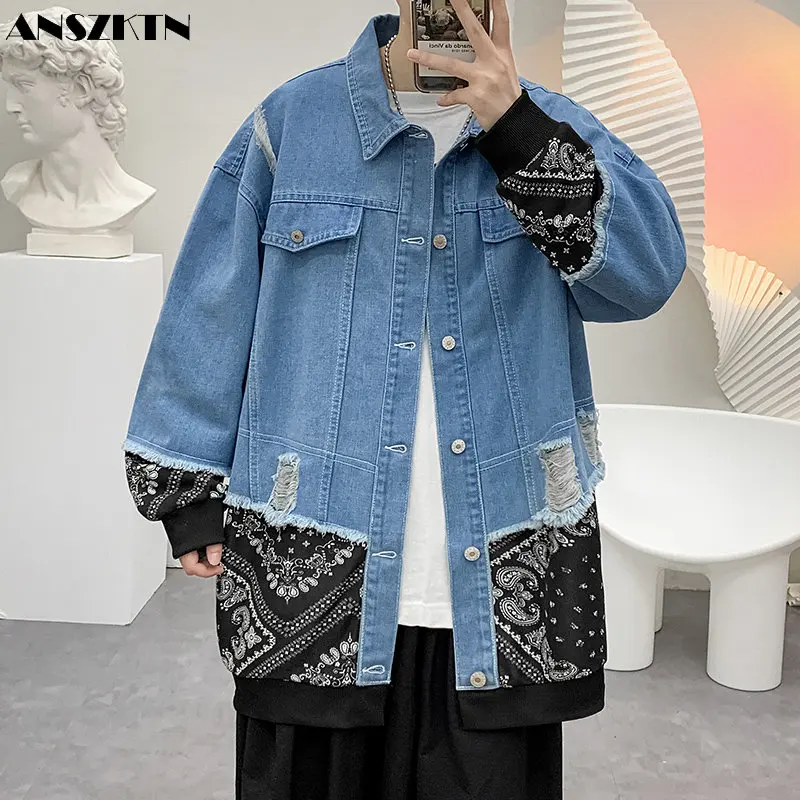 

ANSZKTN Spring and Autumn men's ripped print trend denim coat jacket