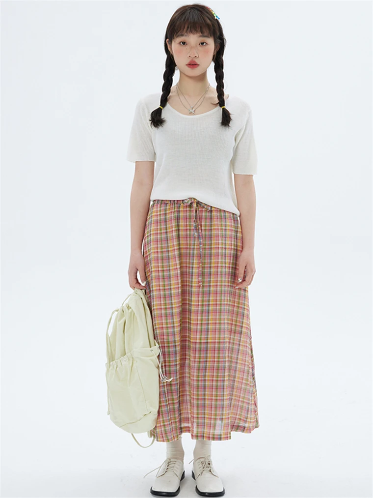 Cotton Plaid  A-Line Long Skirt Women Spring Summer Elastic Waist Vintage Simple Skirts Preppy Style Basic All-match Skirts