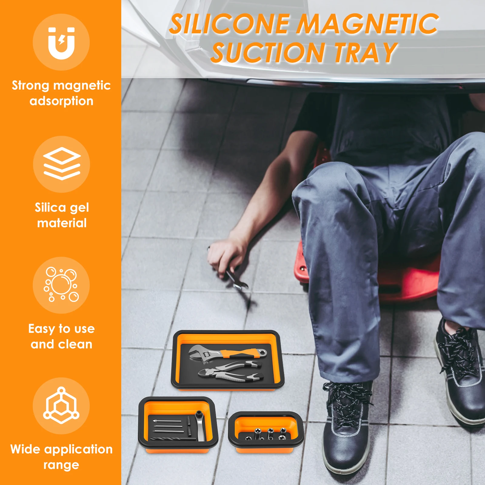 ชุดถาดชิ้นส่วนแม่เหล็กแบบพับได้ 3 ถาดซิลิโคนเครื่องมือขนาดต่างๆสำหรับสกรู, สลักเกลียว, น็อต, แหวนรอง, พินและชิ้นส่วนอื่นๆ