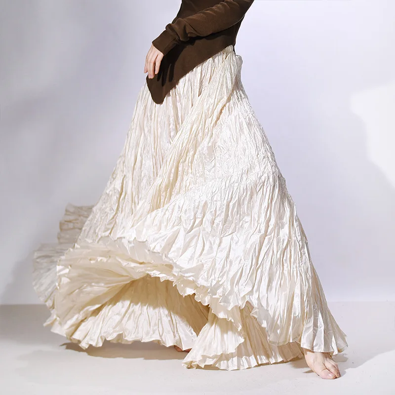 High Quality Women Spring Long Skirts Wide Hem Pleated Design High Waist A-Line Dance Maxi Skirts Faldas Femme Streetwear