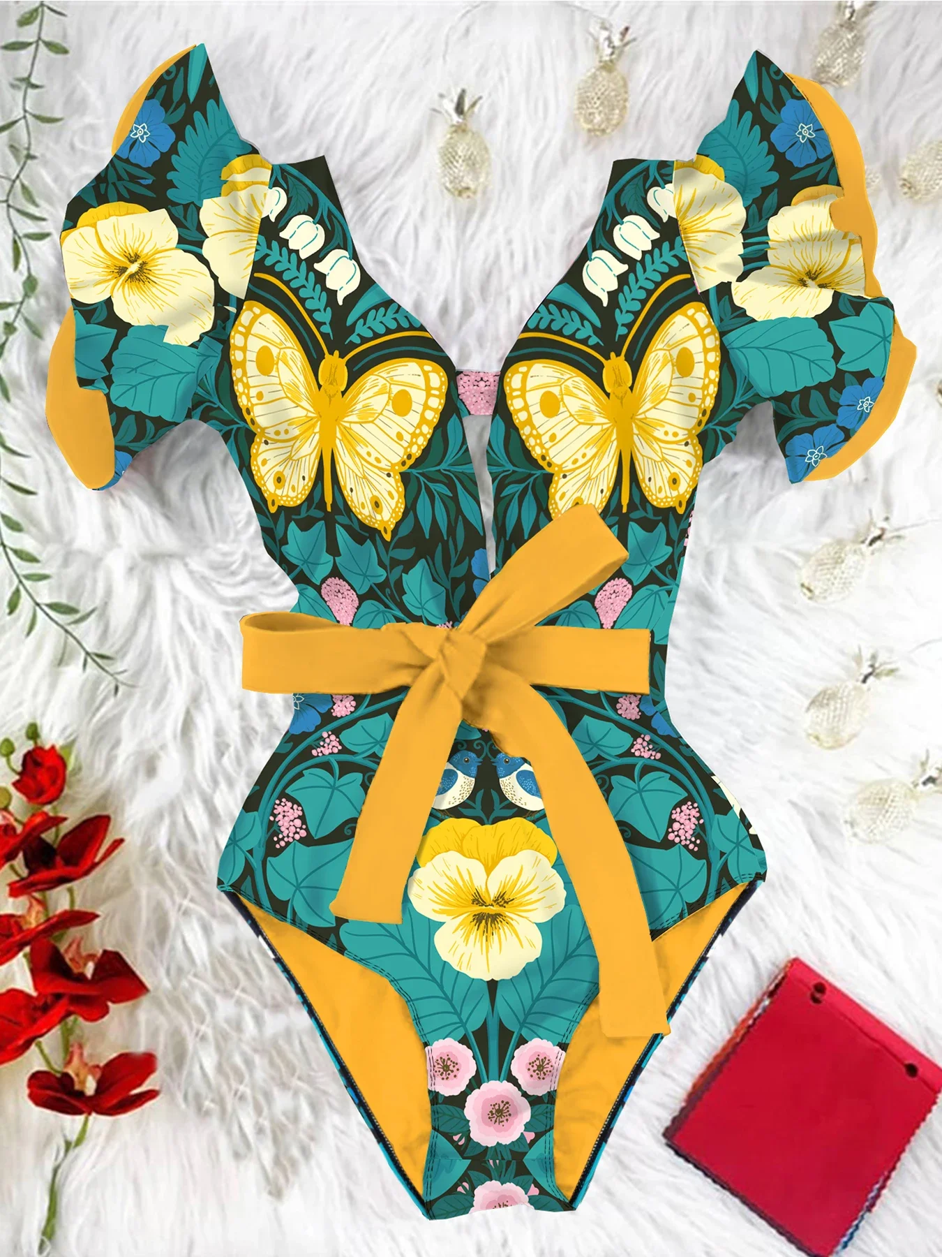 Traje de baño de una pieza con estampado de volantes y hombros para mujer, traje de baño Sexy con cuello de pico para mujer, ropa de playa para vacaciones 2025