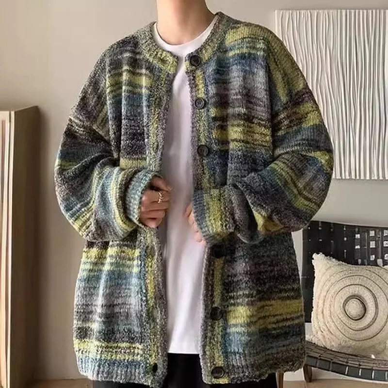 

Мужской свитер 2024, весенний новый японский вязаный кардиган в стиле ретро, градиент цвета, свободный повседневный топ