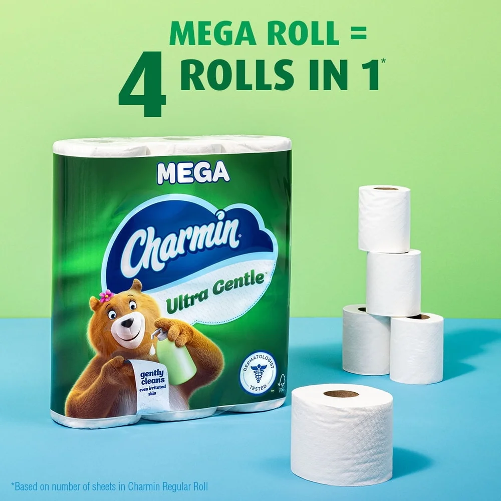 Ultra Gentle Toilet Paper 12 Mega Rolls 231 Sheets 2-Ply Lotioned Softness Clog Safe Dermatologist Tested Gentle Clean Unscented