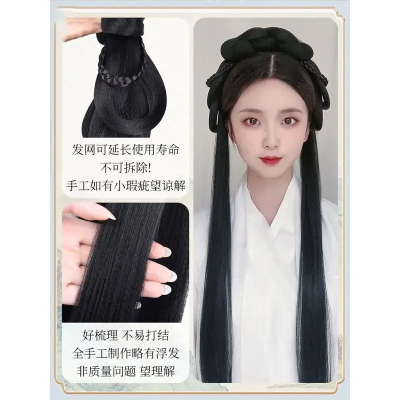 Chinese Ancient Wig Women Hanfu Wigs Headdress Photography Dance Accessory Wigs Black For Women Integrated Hair bun High tem