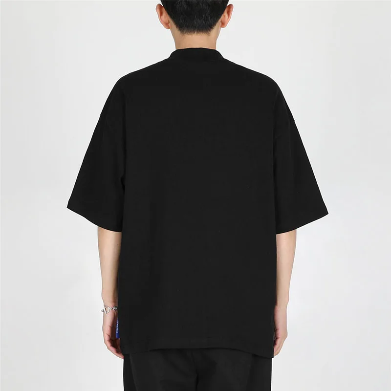 Black Solid Color Men Clothing Design Half Turtleneck Short Sleeve T-Shirt Summer Loose Round Neck Top