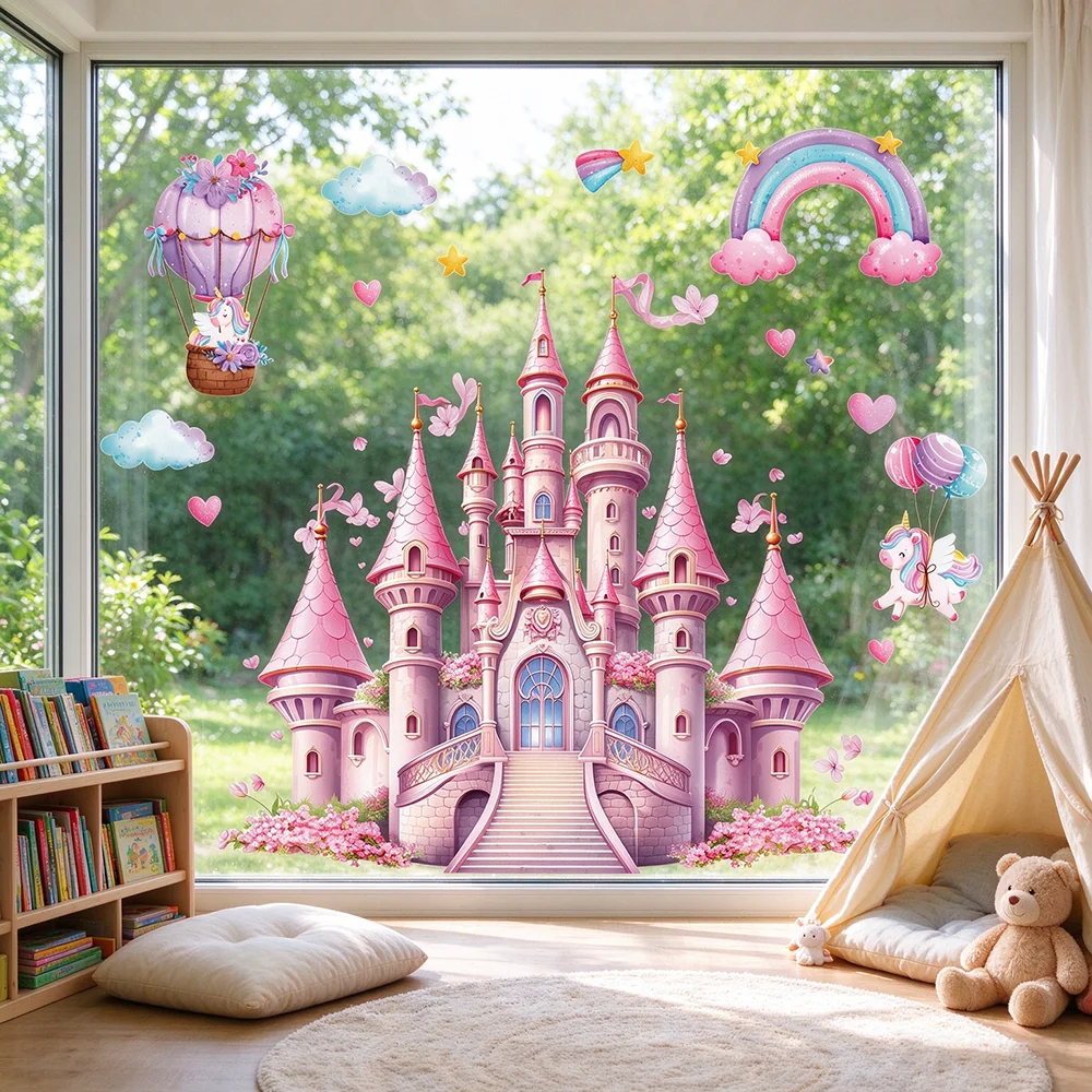 Magical Castle Unicorn Static Cling Sticker Pink Pegasus Fairy For Children's Room Girl Bedroom Self-adhesive Removable Decor