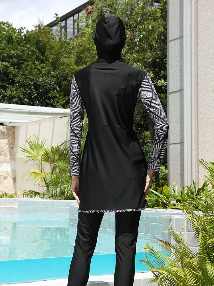 Burkini modesto musulmán para mujer, traje de baño con mangas, Hijabs, vestido, gorra superior, pantalones de baño, 3 piezas por juego