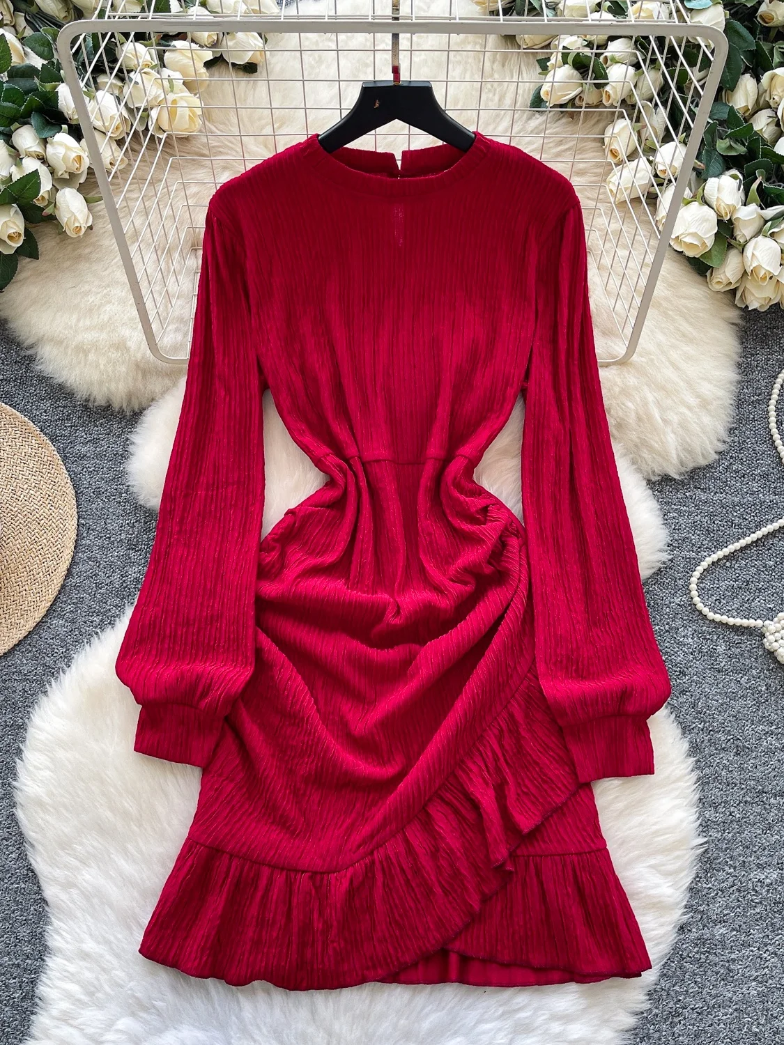 Faionable Red Long Sve dames Dr Koreaanse Sle hoge taille A-lijn rok afslanken geplooid woon-werkverkeer Ele Dr