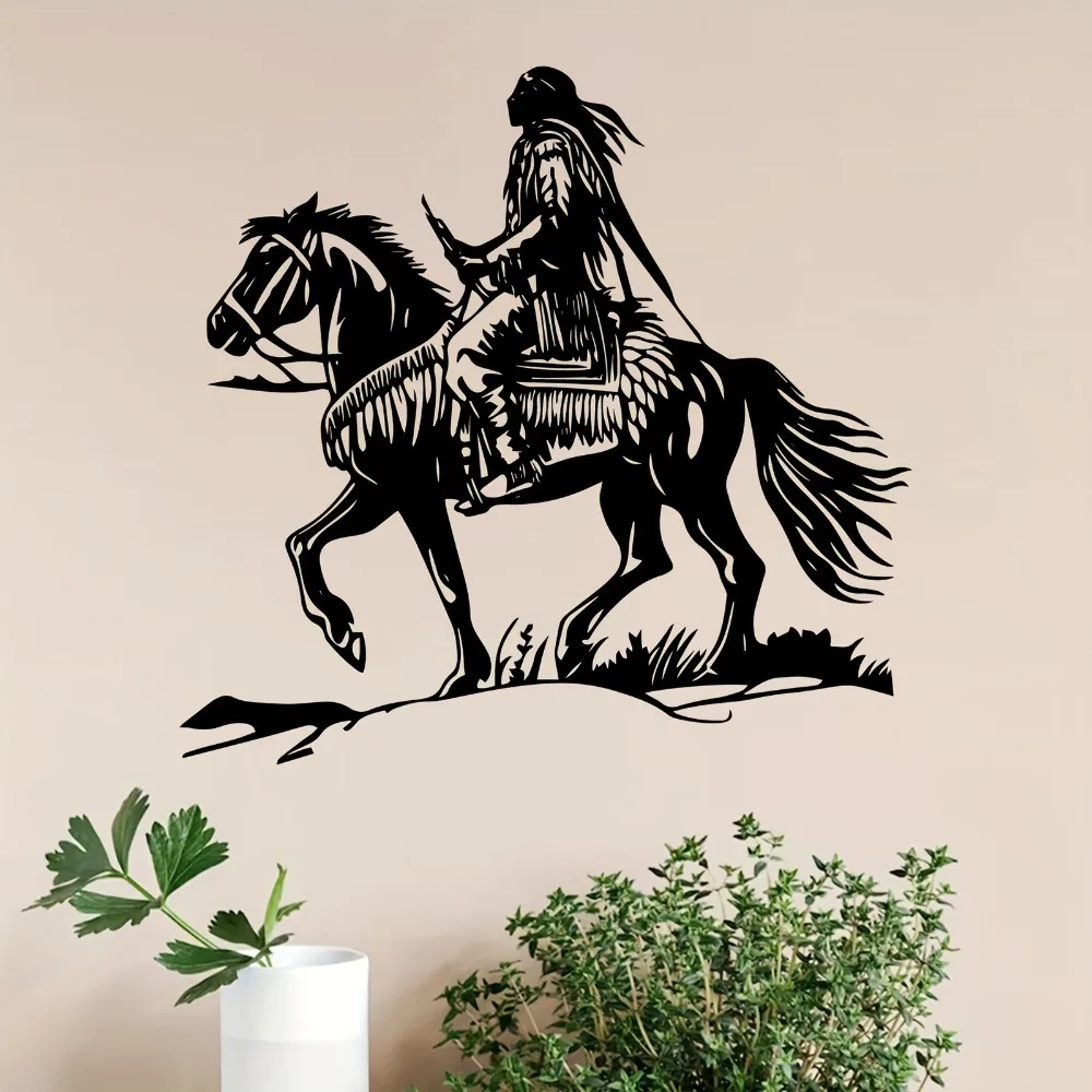 Native American Rider Metal Wall Decor, Western Iron Art Sculpture for Patio Garden Fence, Weather Resistant Hanging Wall Art