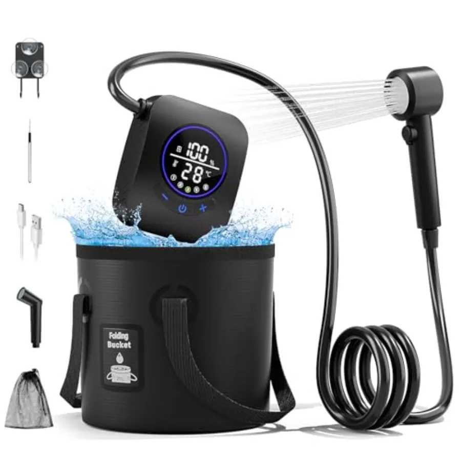 

Портативный душ для кемпинга 8000 мАч, обновленный перезаряжаемый электрический насос для душа с 5-галлонным ведром, интеллектуальный LED-дисплей, портативный