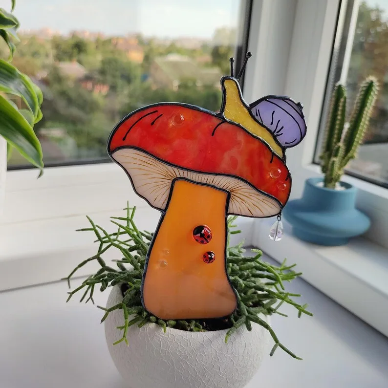 Natural Style Window Decoration Stained Glass Mushroom Snail Sun Catcher Plant Ornament Custom
