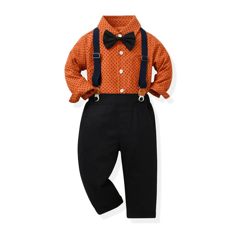 

Korean boy's two-piece autumn fashion children's suit with bow single breasted long sleeve printed cotton shirt and overalls