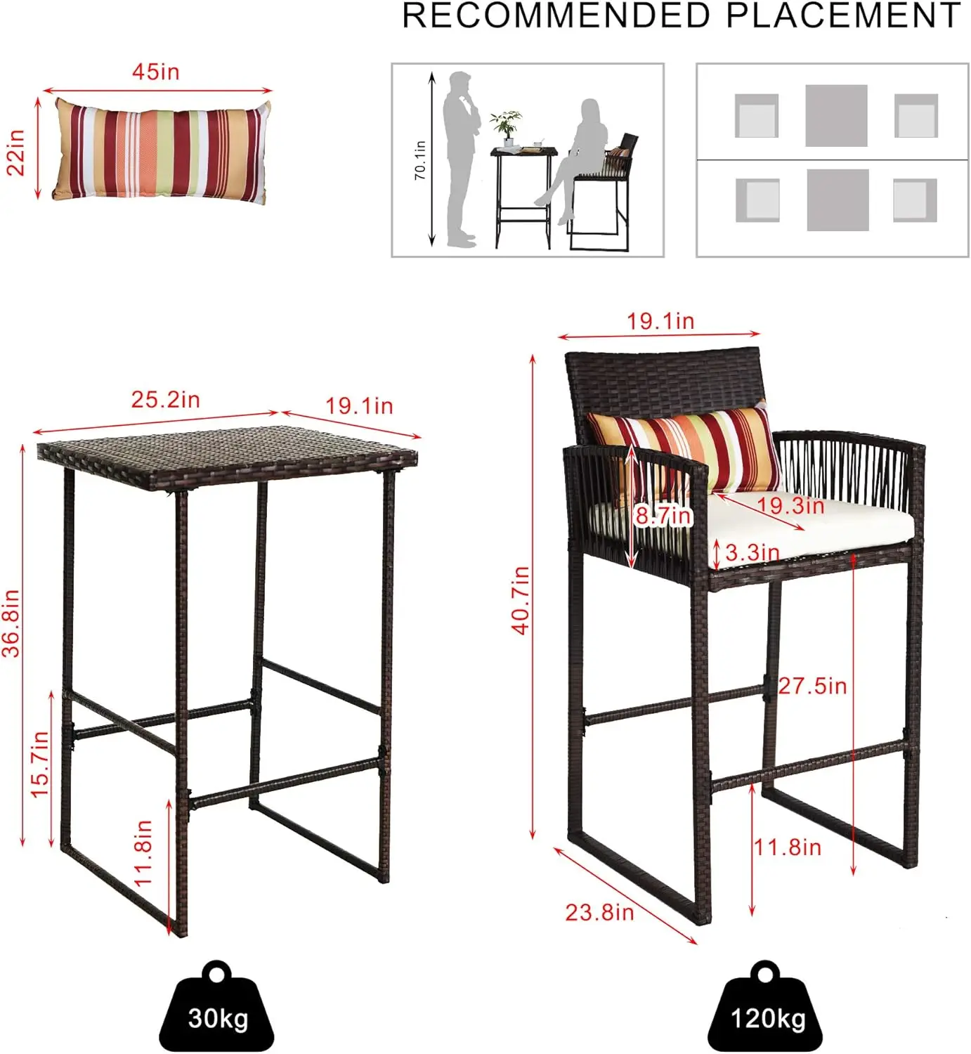 3 Piece Patio Bar Set, Bar Height Bistro Table Set for 2 People