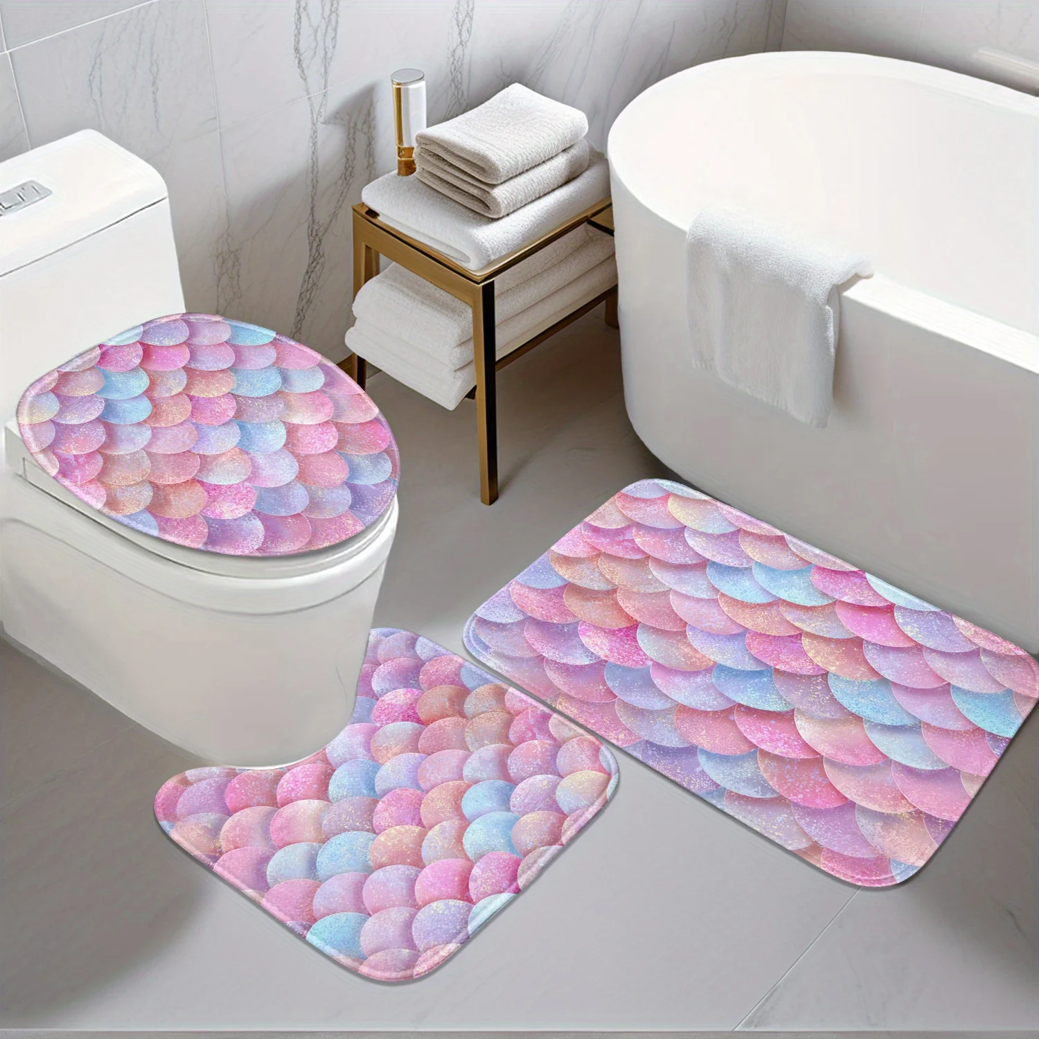 

Bathroom Anti-Slip Mat Set - 3pcs Kit: Dreamy Pink-Blue Gradient Fish Scale 2D Design with Digital Print, Includes Non-Slip Mat,