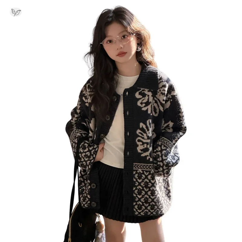 2025 جديد الخريف الشتاء المراهقين الأطفال الفتيات البلوزات منقوشة سترة مشغولة من الصوف الاطفال الأوروبية معرض جزيرة f loral4 7 8 9 10 12 14 سنة #2