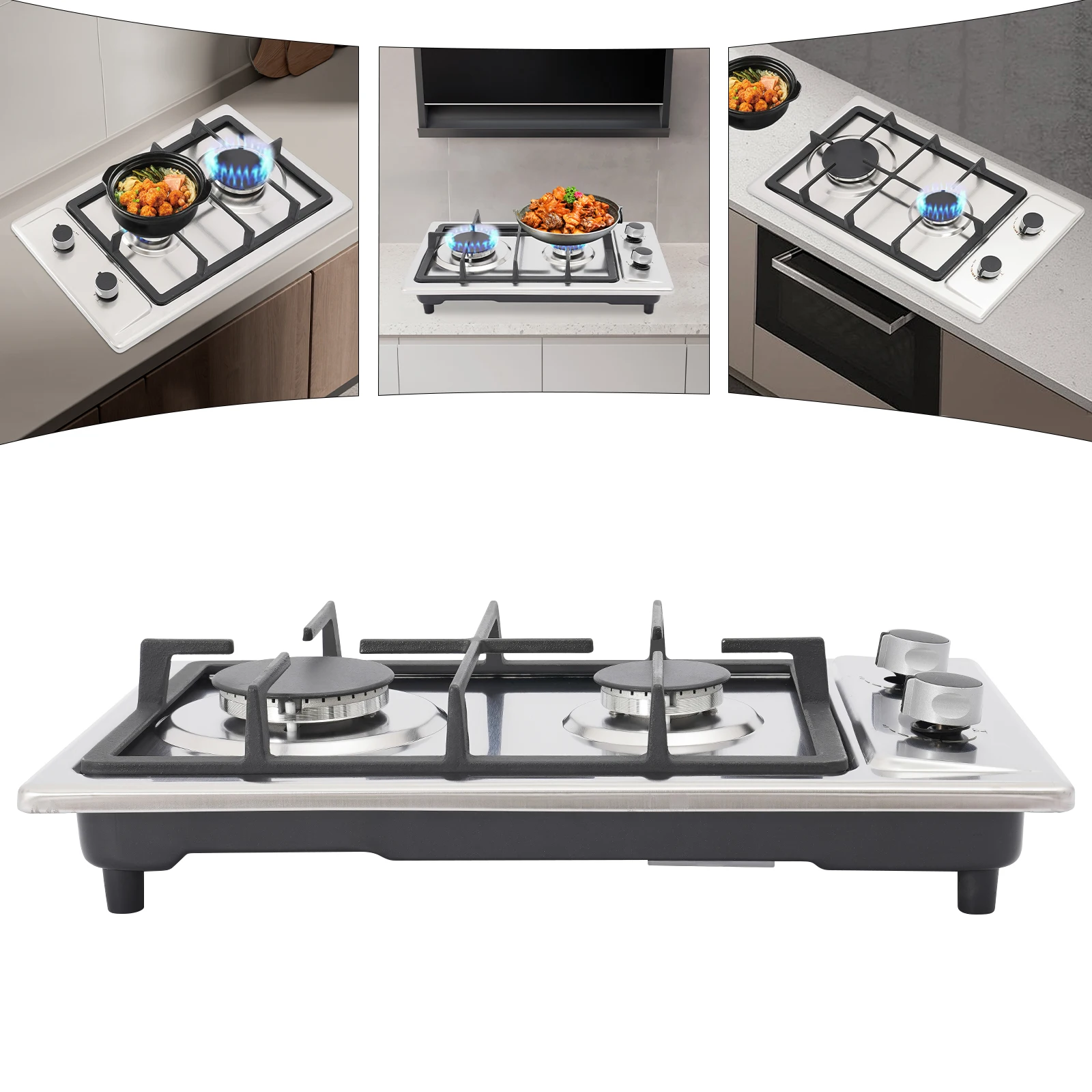 Image of Tragbarer Gaskocher mit 2 Brennern, 3KW+1,75KW Doppelbrenner-Campingkochfeld mit Pulszündung, Outdoor-Kochherd für Wohnmobil, Picknick, Boot, LPG/NG-Umwandelbar, Einbau-Design