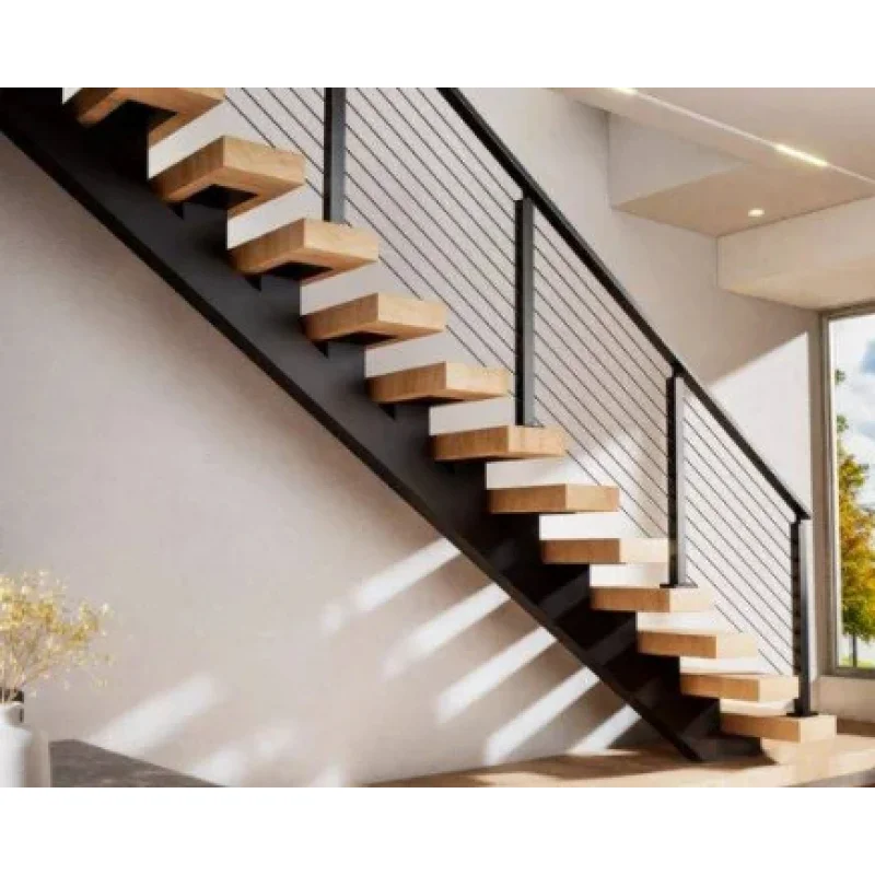 custom.DB Mono Beam Floating Stairs with Black Metal Railings: Warm Wood Tones and Minimalist Design Modern Home Interiors