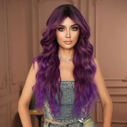 NAMM Costume Wigs Long Wavy Purple Body Wigs with Dark Roots High Density Synthetic Heat Resistant Wig for Light Colored End