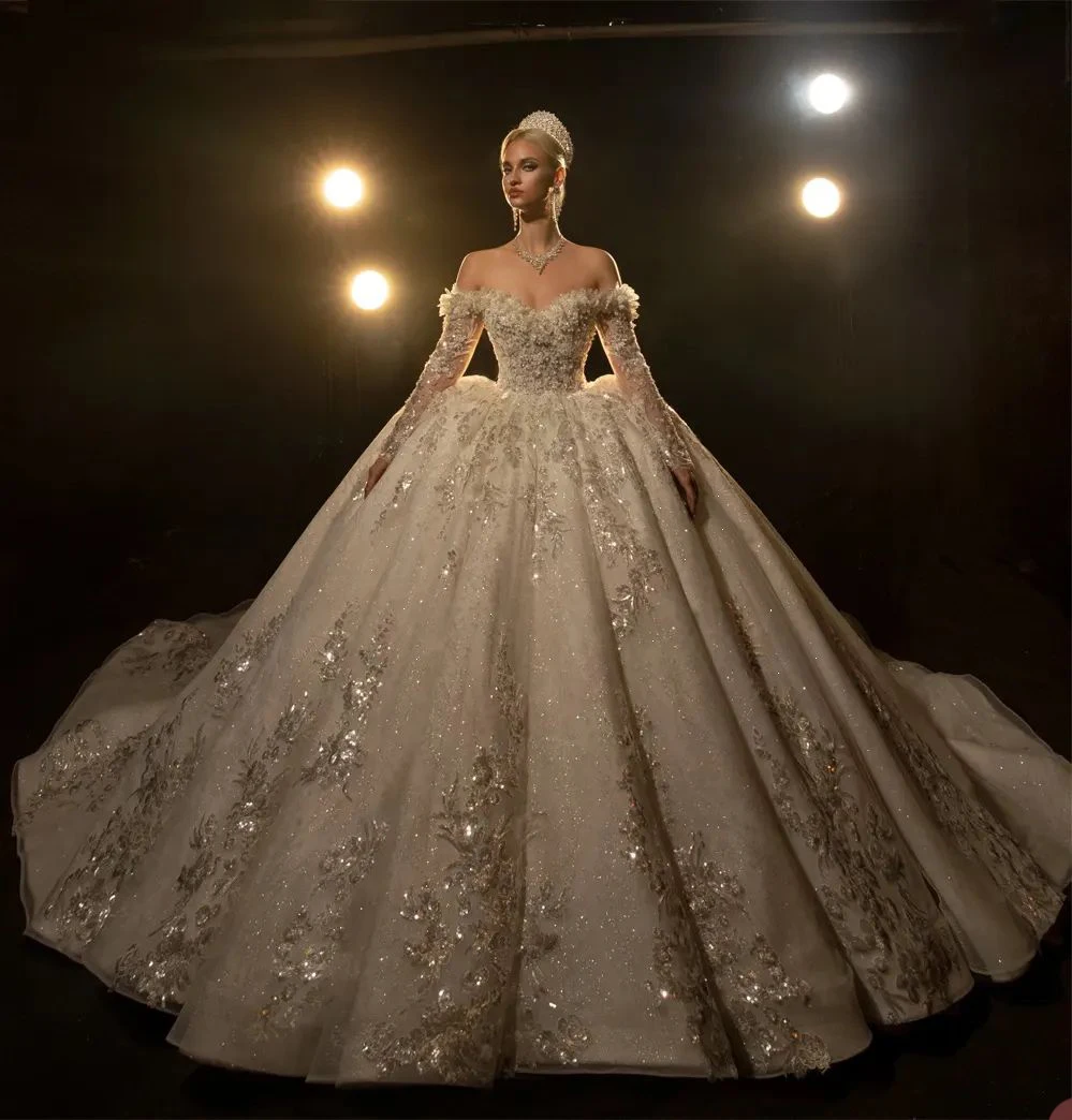 Luxury Princess Ball Gown Wedding Dress Off Shoulder Crystal Long Sleeve Saudi Arabic 3D Floral Appliques Bridal vestidos de rob