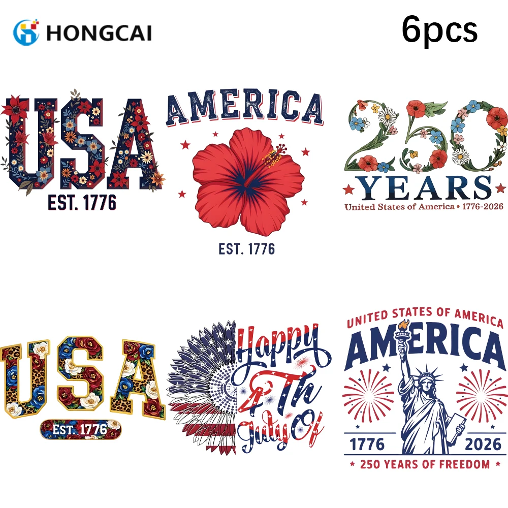 

6Pcs Floral USA 1776 DTF Transfers Hibiscus Leopard Iron On Stickers For 4th of July T-Shirt