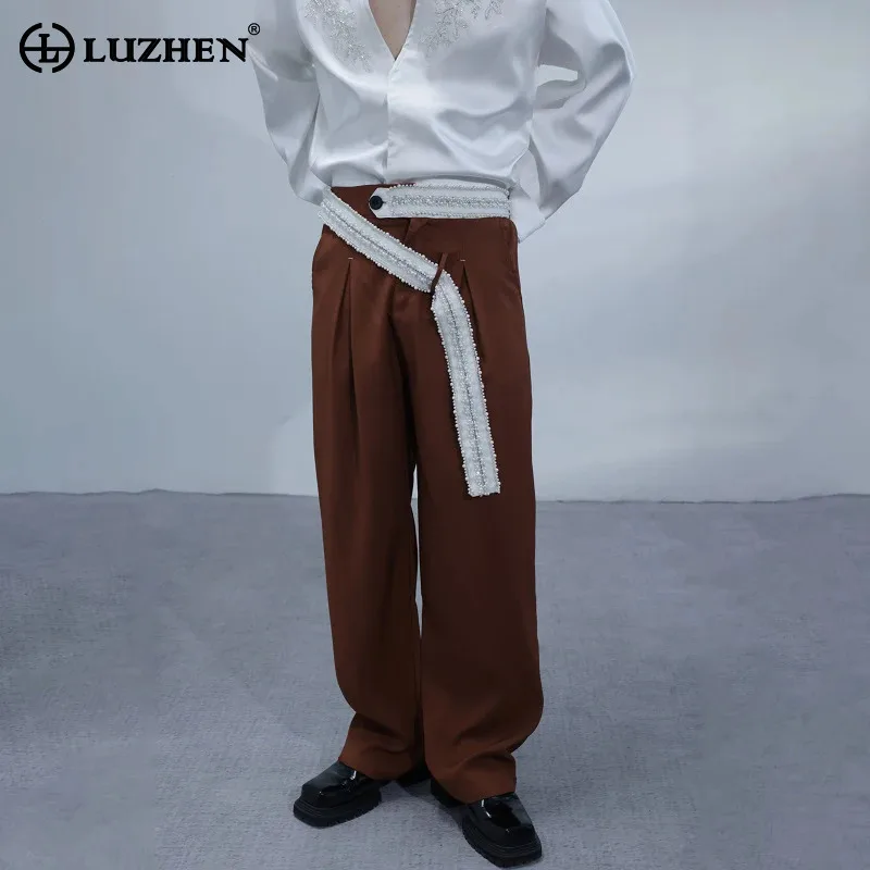 LUZHEN Personalized Original Belt Decorate Loose Straight Casual Pants Men's Solid Color 2025 New Handsome Male Trousers JY4614