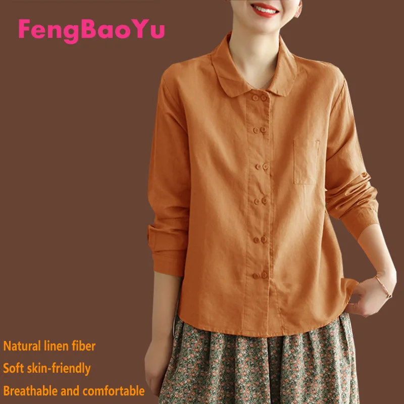 Fengbaoyu Linen Spring and Summer Ladies Long-sleeved Shirt Black Women's Clothes Plus Size Tops for Women with Free Shipping