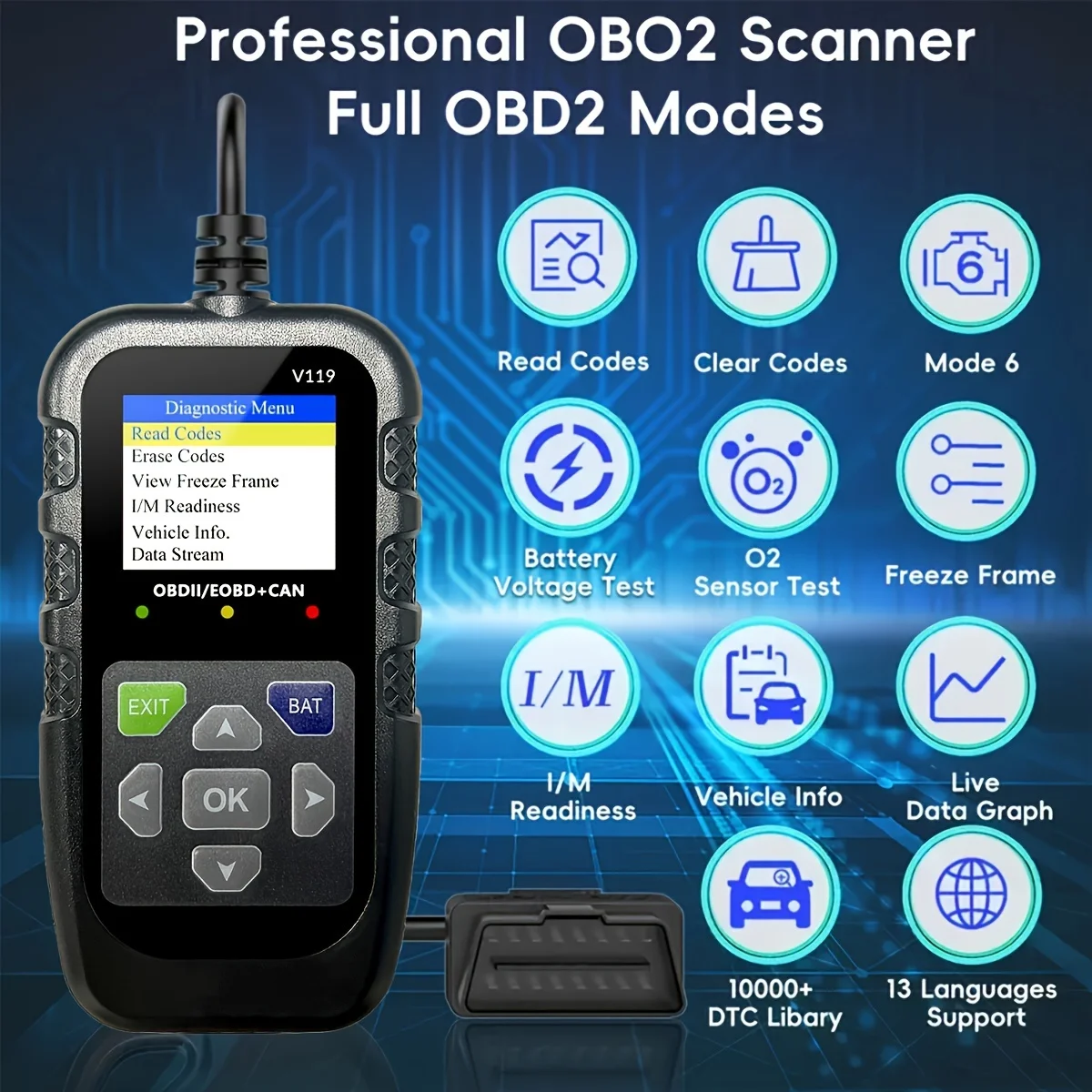 Obd2 Scanner Diagnostic Tool with Voltage Tester, Obdii Engine Fault Code Reader, Eobd + Can Charging Tester, Insulation, Automo