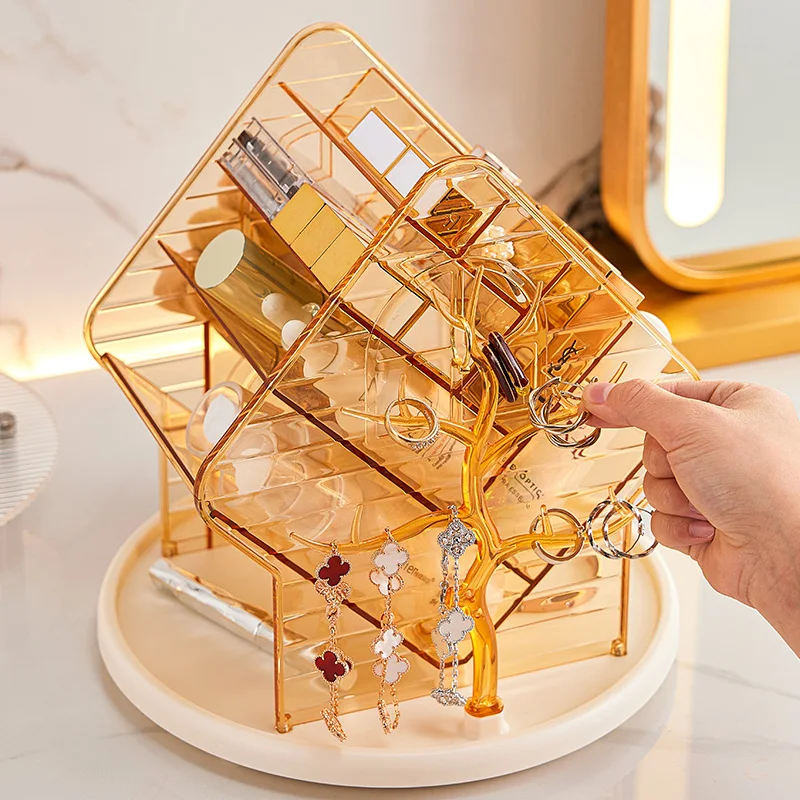 

Вращающийся органайзер для косметики, роскошный настольный ящик для хранения помады и макияжа, большая емкость, ювелирная кисточка для макияжа, держатель для ухода за кожей