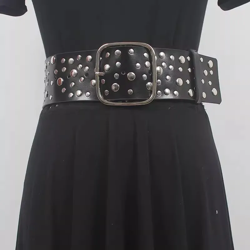 Women's Fashion Black Genuine Leather Rivet Punk Cummerbunds Female Dress Corsets Waistband Belts Decoration Wide Belt R260