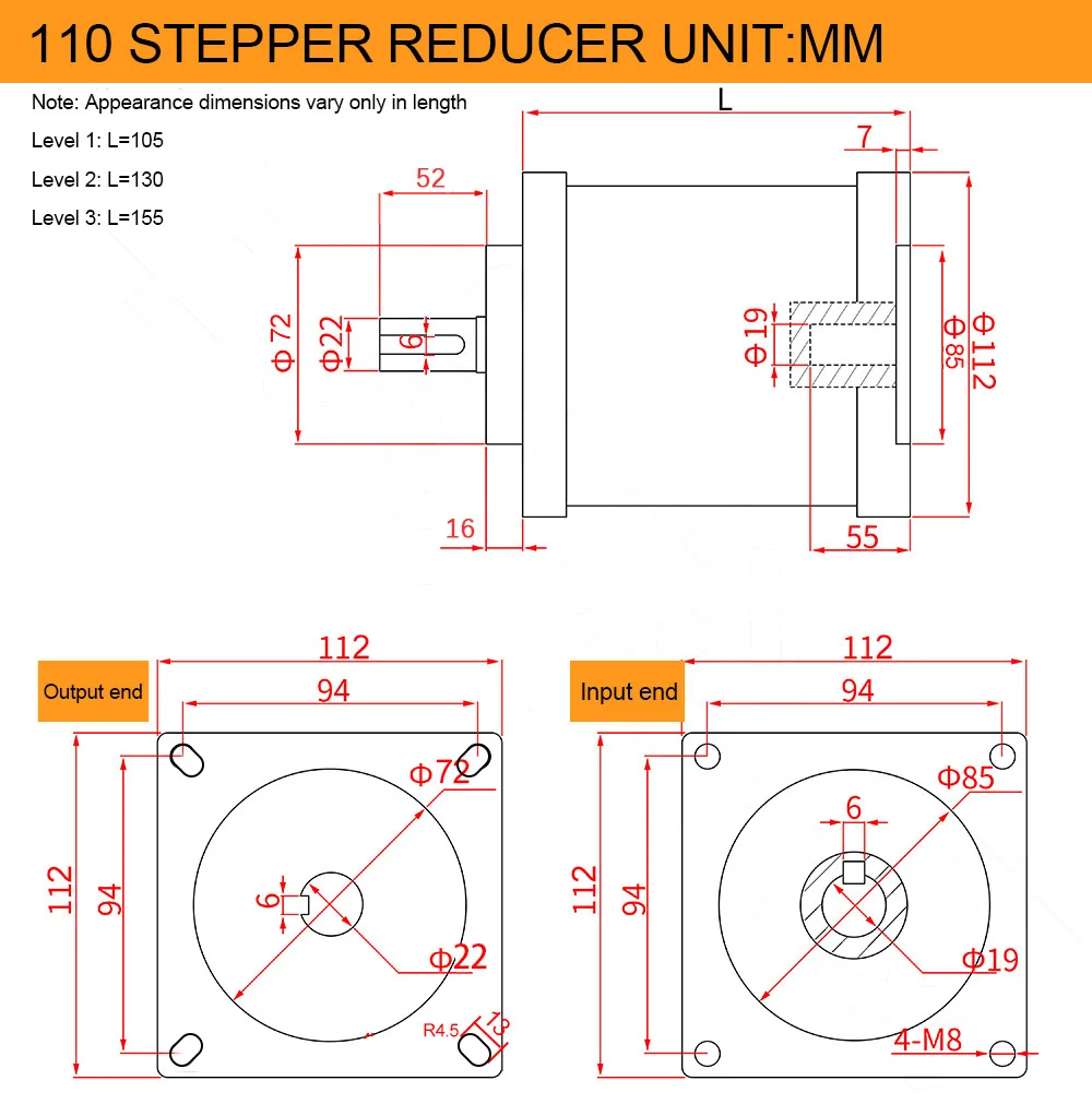 Reductor planetario PX110, Ratio de reductor de engranajes 64/96/100/144/216, 19mm, entrada de 22mm, salida para Nema42 110, Motor paso a paso Max 160N.m