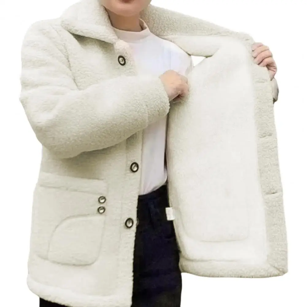 Winter Women Fleece Coat with Side Pockets Turn-down Collar Coldproof Outwear Jacket for Long Sleeves Warm Jacket