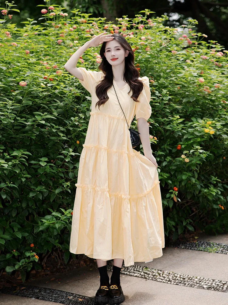 

XZY Ele Yellow Bubble Sve V-Ne Summer Dr Women's plus Size Long Dr Tea Break Faion Casual Korean Sle A-Lin...