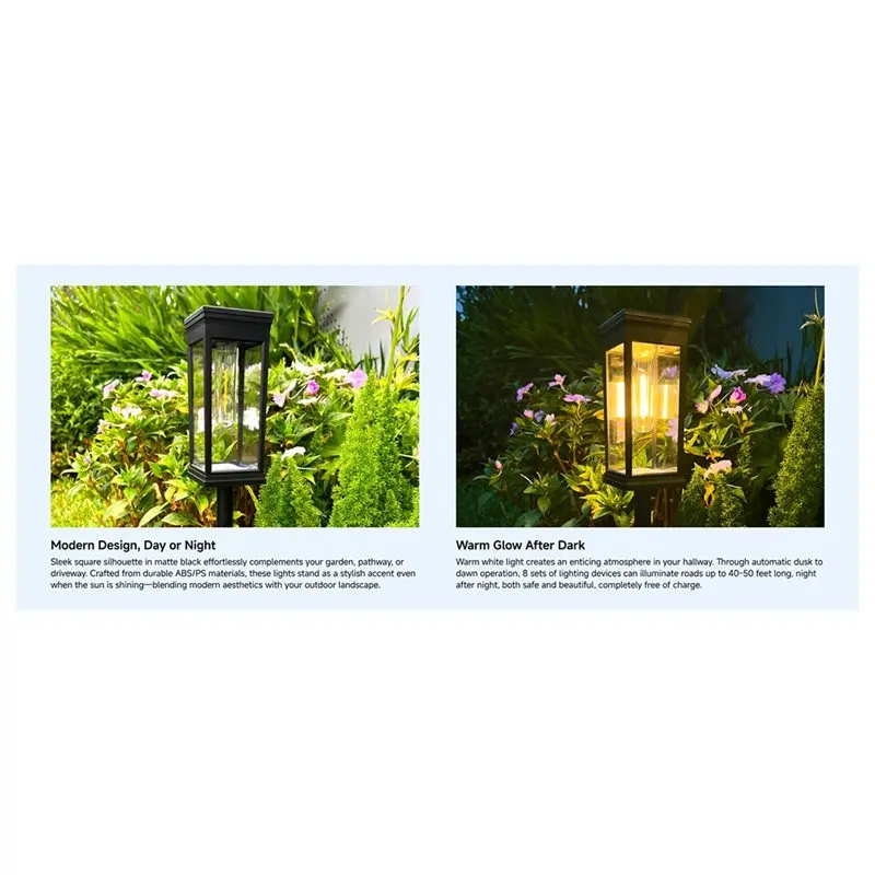 Auto On/Off Solar Pathway Lights 8 Pack Square Outdoor LED Warm White IP65 Waterproof For Walkway Garden Driveway Decor-A68E