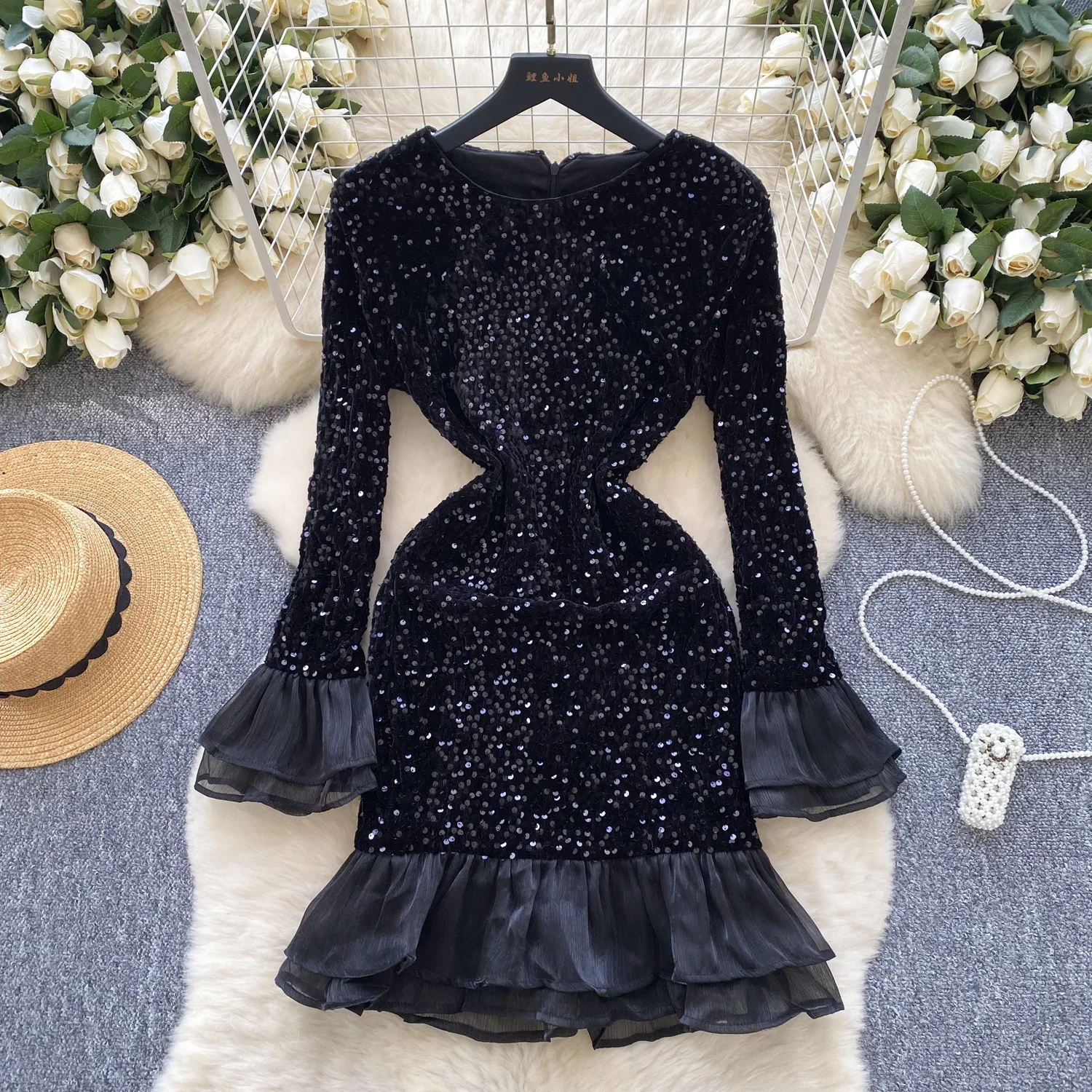 Elegant Long Flare Sleeves Vintage O-neck Chic Sequin Ruffle Sexy Slim Velour Dresses French Evening High Street Winter Clothing