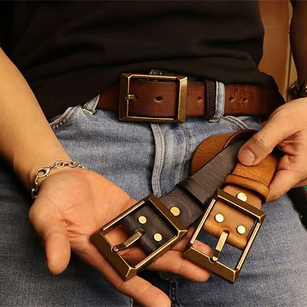 Retro Cowhide Leather Belt for Men With Brass FC Buckle  Distressed Look with Color Fade  Versatile