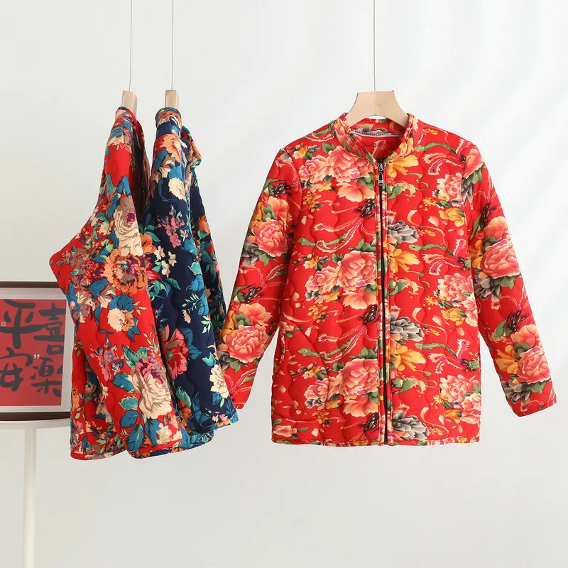 Plus size Chinese Style Cotton-padded Zipper Coat Northeast Big Flower Thick parkas Old-fashioned peony Jackets national clothes