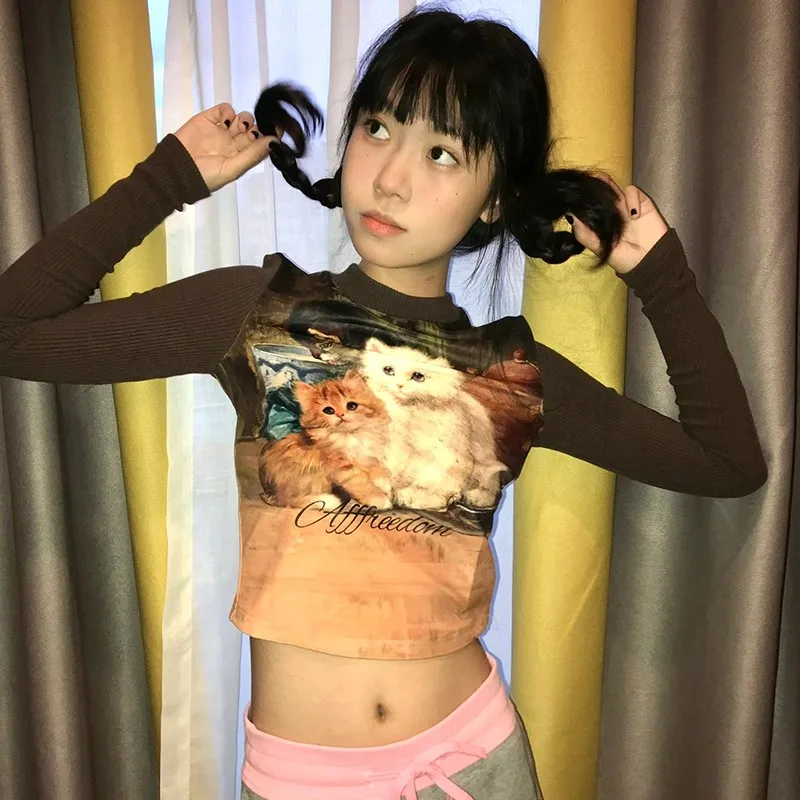 Karrram Japanese Y2k Cat Print T-shirt 2000s Aesthetics Long Sleeve Crop Tops Vintage Harajuku Patchwork Ribbed Tops Korean Cute