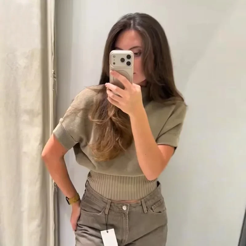 HXAO Women's Cropped Knitted Sweater Short Sleeve Jumper Knit Woman Tops Autumn Fitted Waist Knitwear Green Top Pullover