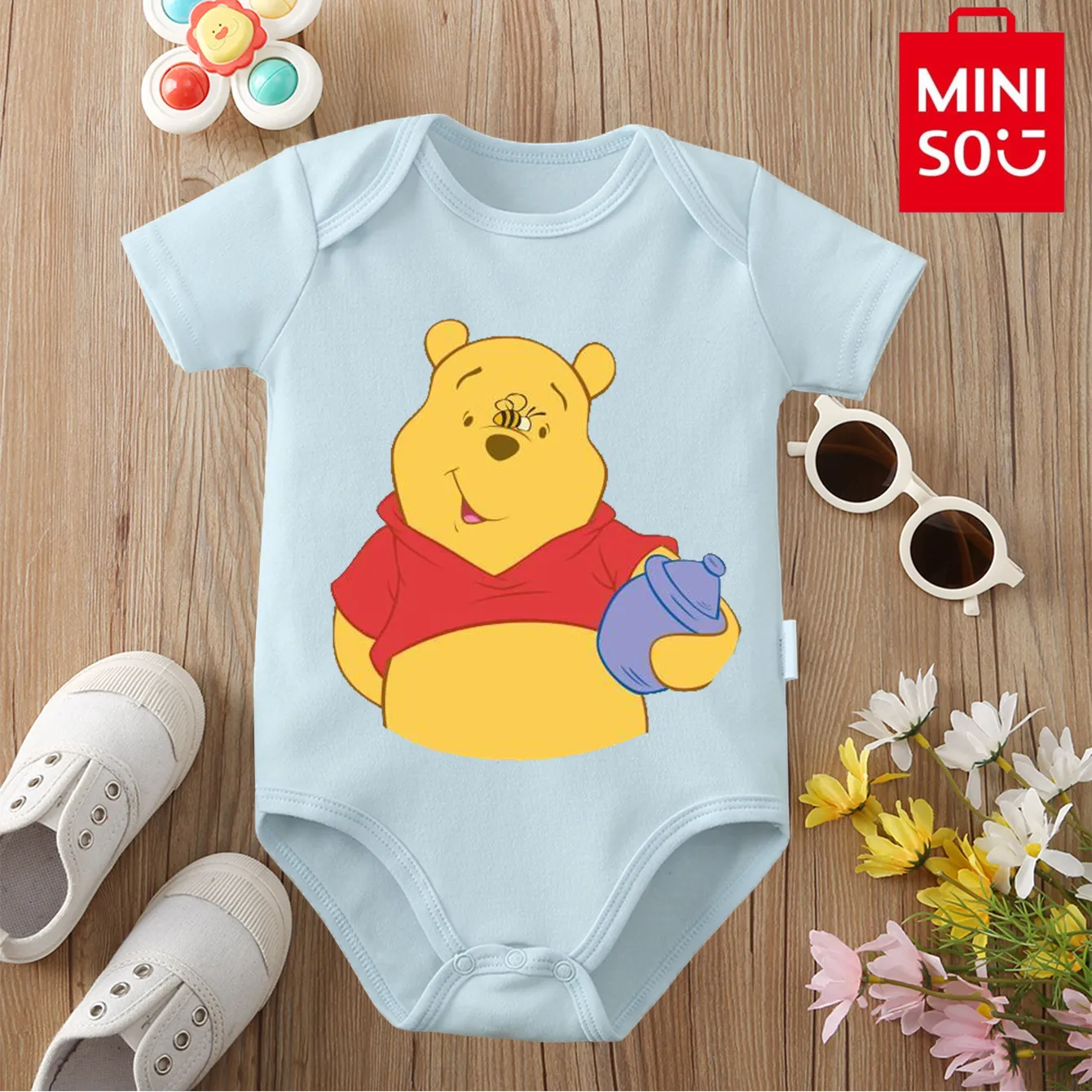 

MINISO Lotso/Pooh Print 100% Cotton Bodysuit Soft Baby Cloths Best Gift for Baby Onesie Jumpsuit for 0 To 12 Months Newborn