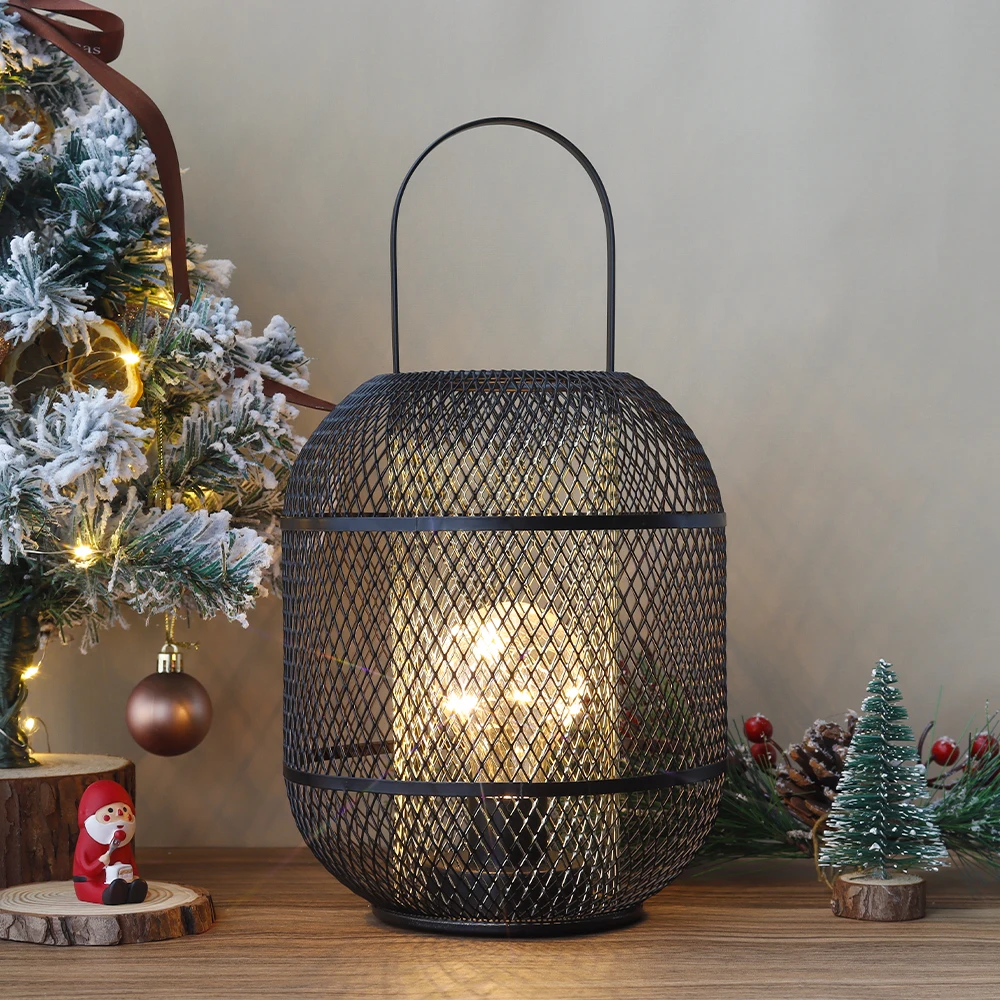 

Black Table Lamp Metal Cage Lantern Battery Powered Lamp Portable Lantern Bedroom with 6-Hours Timer Living Room Garden Wedding