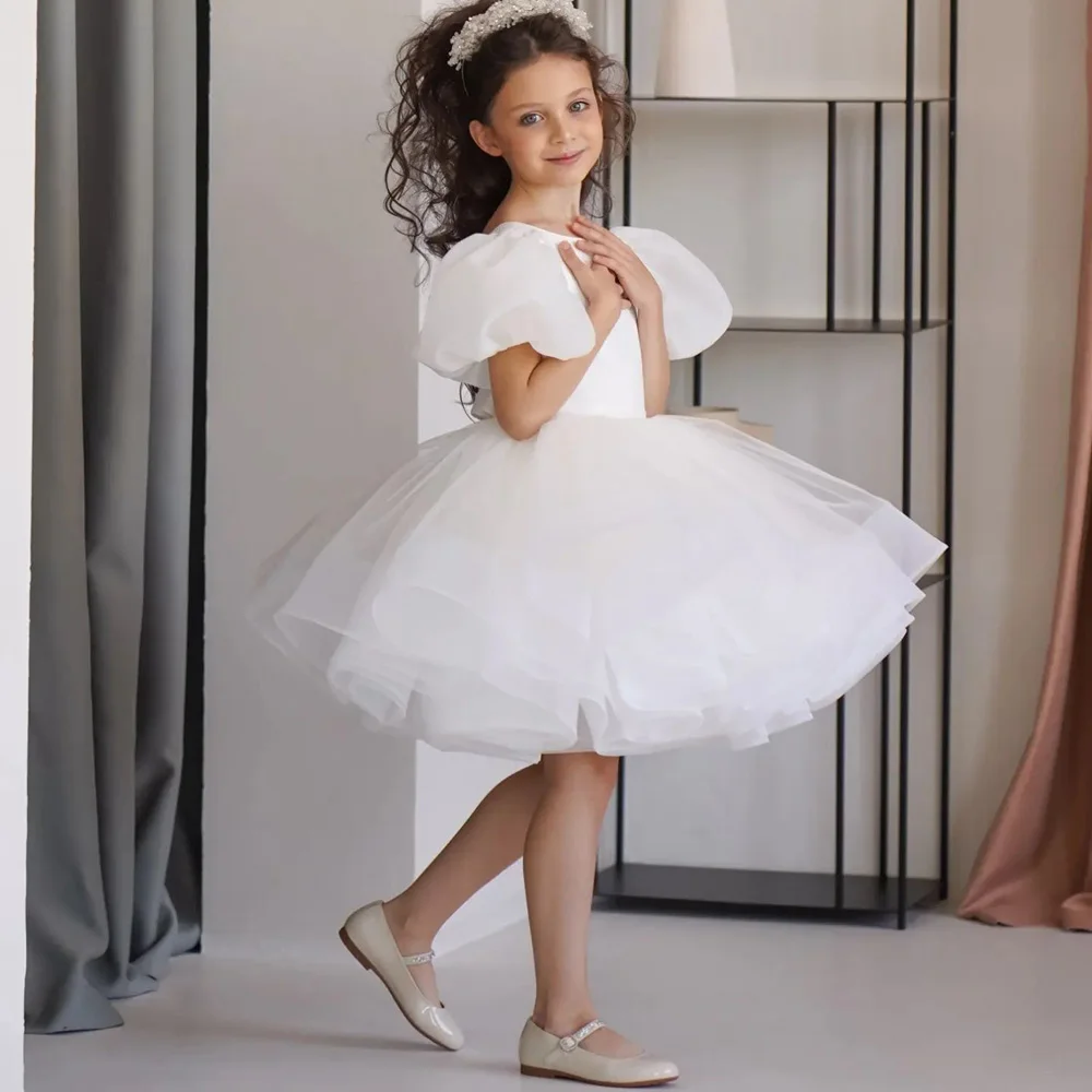 Simple White Flower Girl Dresses Short Puff Sleeves Ball Gown Birthday Party Gowns A-line Kids First Communion Dress