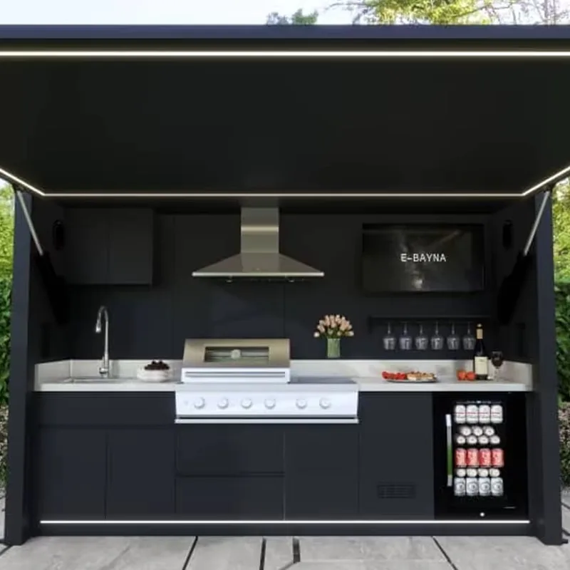 New Arrivals Waterproof Stainless Steel 304 Outdoor Kitchen BBQ Grill with Shed Remote Control & Flame Safety Device