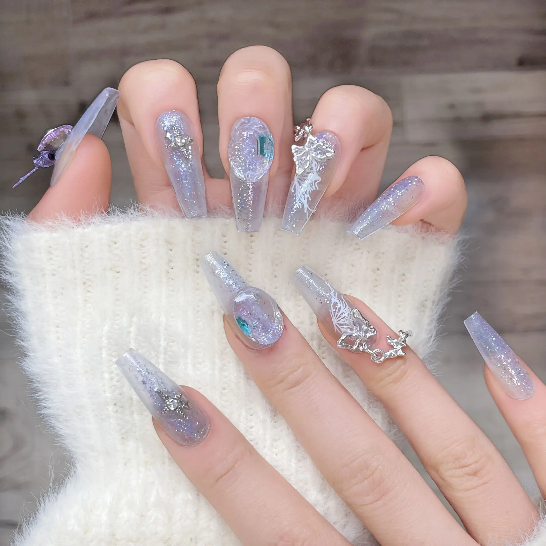 

10PCS Handmade False Nails Wearable Gentle Pink Purple with Butterfly Bow Fake Nails Press On Nail Long Nail Art