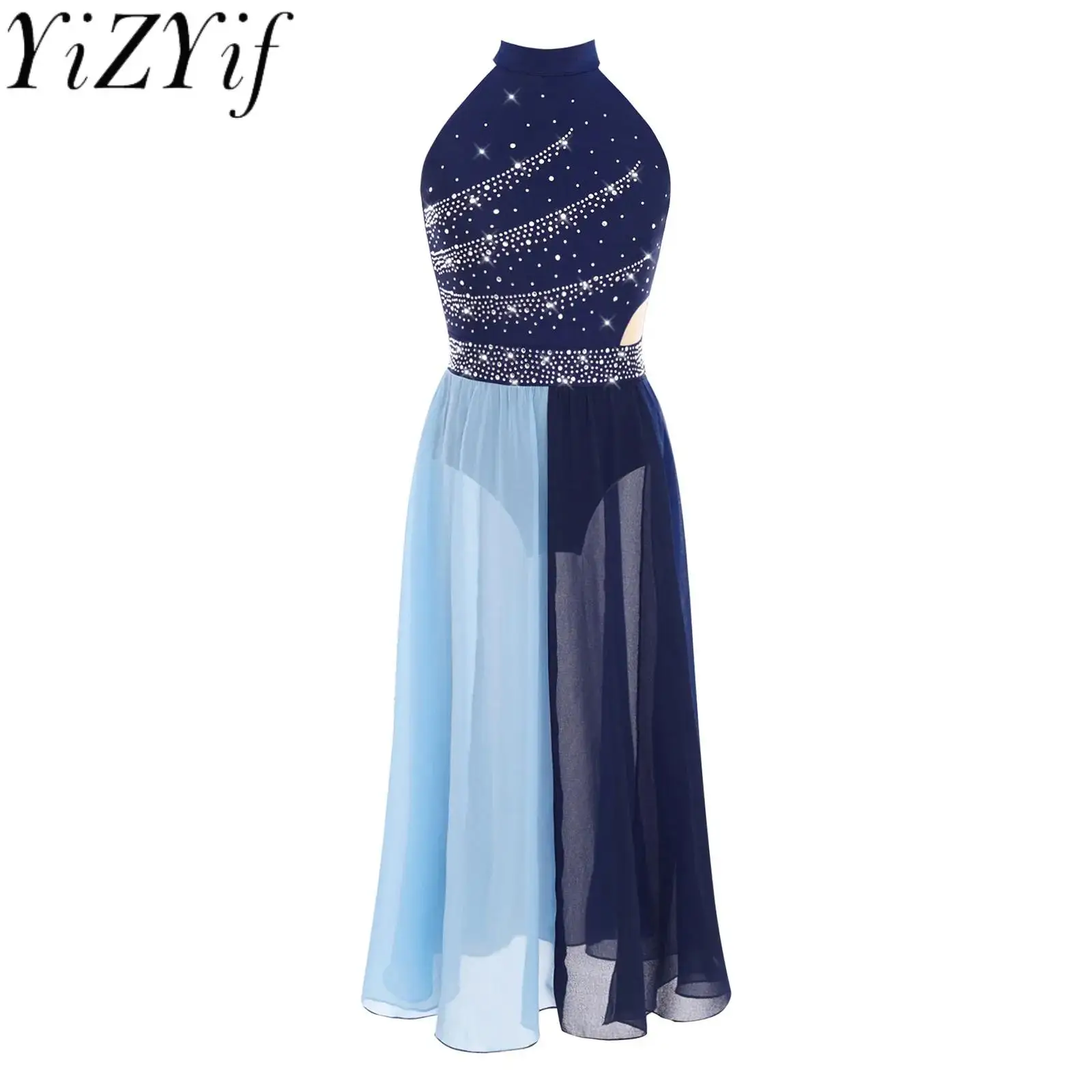 

Kids Girls Modern Lyrical Ballroom Ballet Dance Costume Sleeveless Rhinestones Side Split Chiffon Dress Contemporary Dancewear