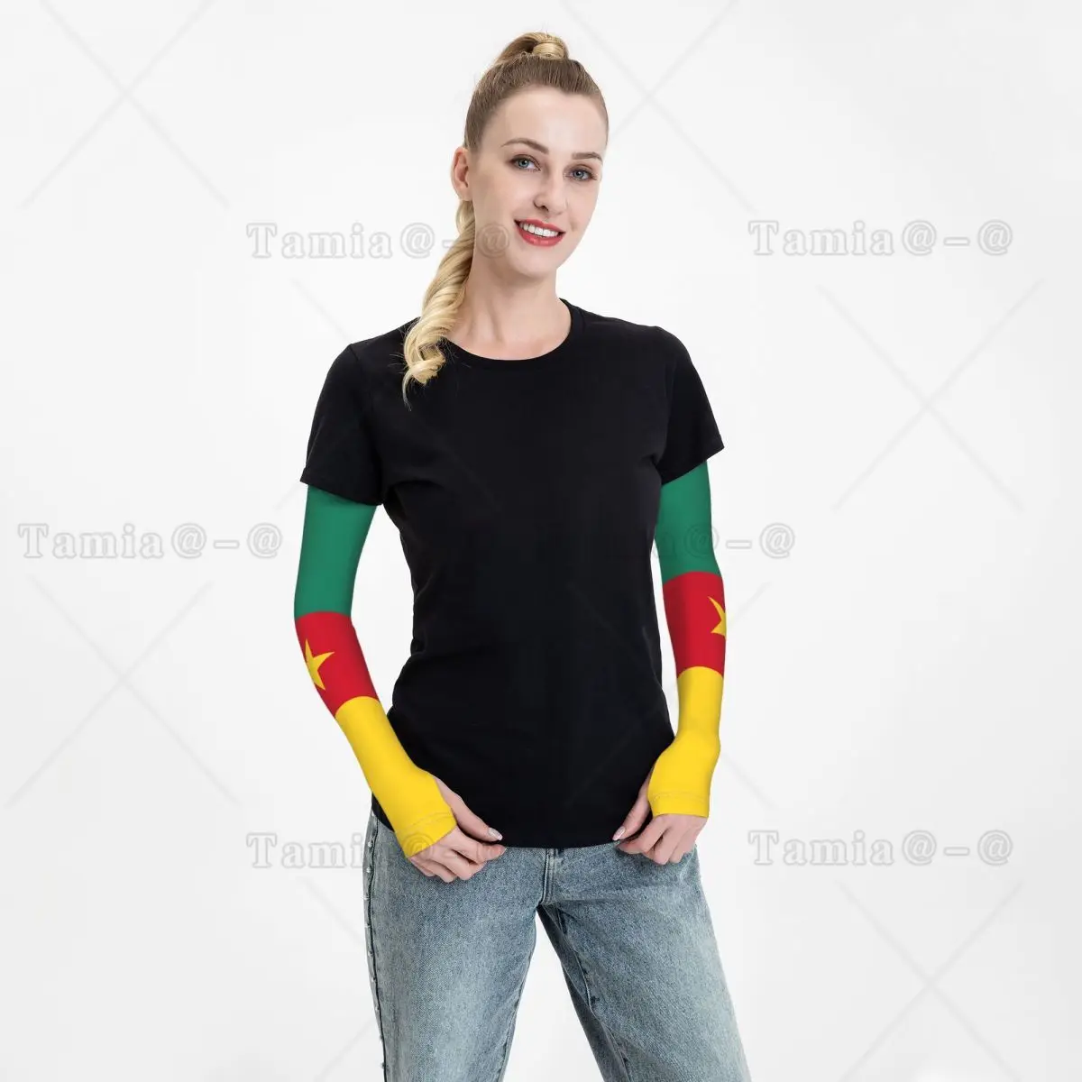 Cooling Flag Of Cameroon แขนแขนผู้ชายผู้หญิงกีฬาการบีบอัด Tattoo Cover Up สําหรับบาสเกตบอล