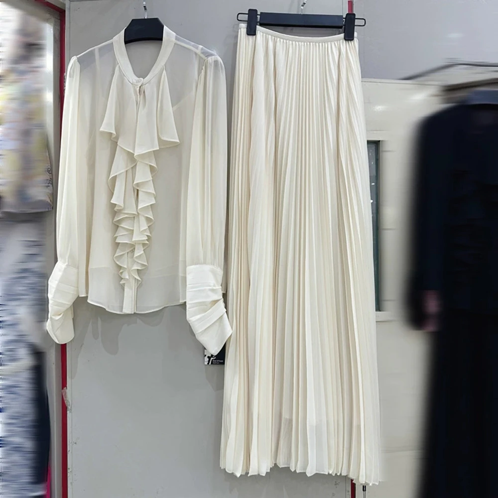 Nicho de verão francês fluindo perspectiva plissada de dupla camada solta com babados camisa de manga comprida-GZXX251