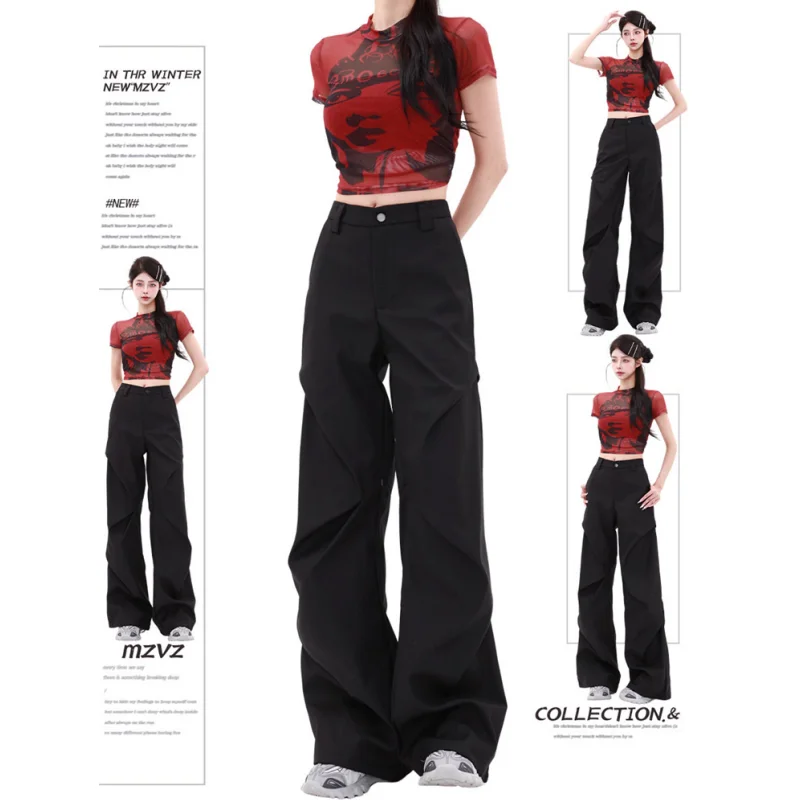 

Black Women Cargo Pants Streetwear High Waist Wide Leg Pants Leisure Floor Mop Pants Vintage Female Summer Straight Trousers