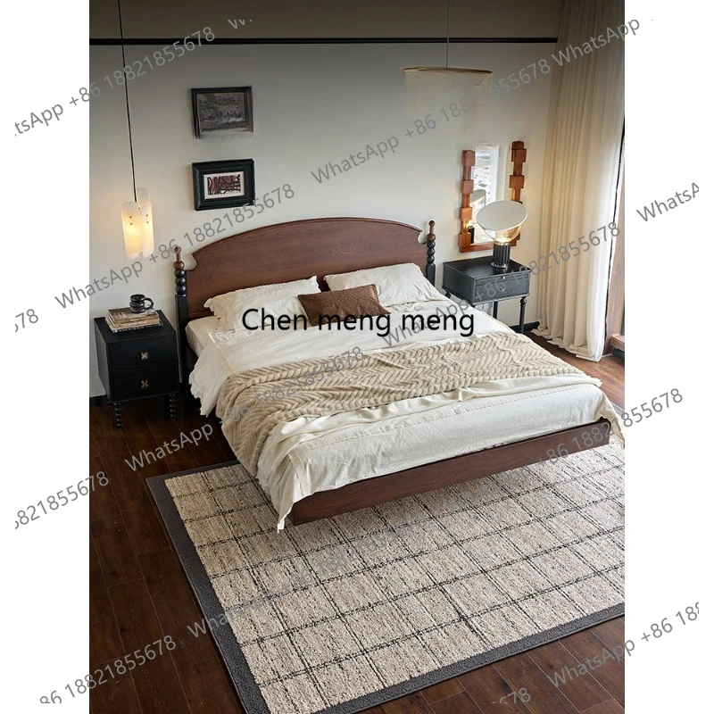 

French retro small ear solid wood suspension bed master bedroom high-end atmospheric double bed medium antique red oak