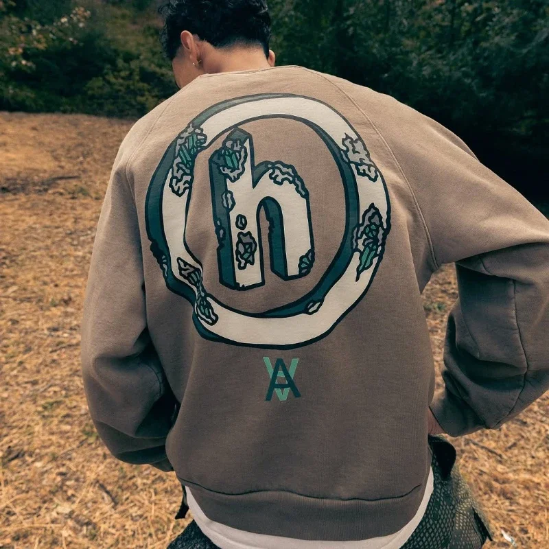 

Ins Tide Personalized Pattern Printing Sweatshirt Men Women Khaki Color Thickened Cotton Long-sleeved Sweater High Quality Tops