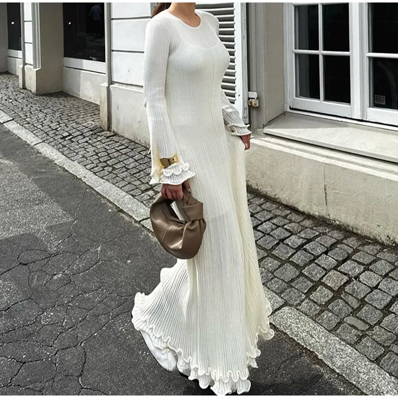 Vestido largo elegante de punto con dobladillo con volantes para mujer, vestido largo blanco con cuello redondo y manga larga acampanada, vestidos ceñidos sin espalda, batas de fiesta de noche
